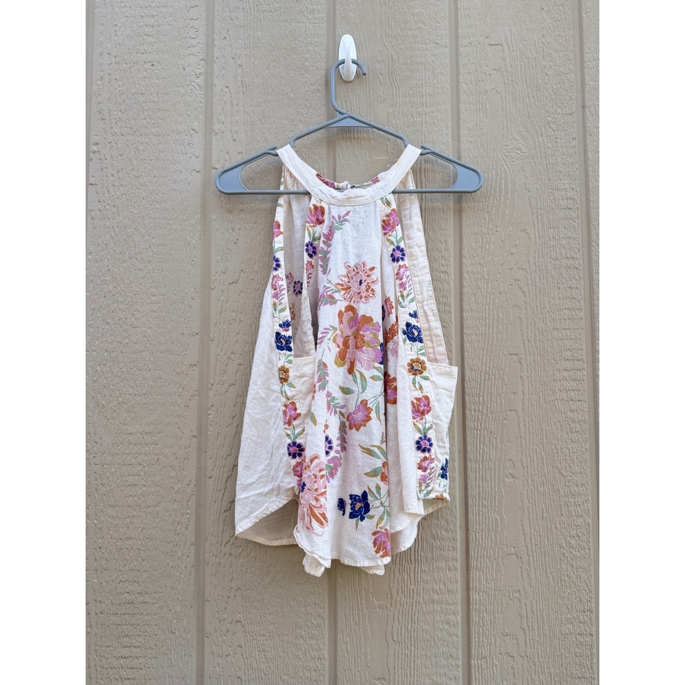 Free People Medium Halter Top Boho Floral Cotton Gauze Tie Back Pockets